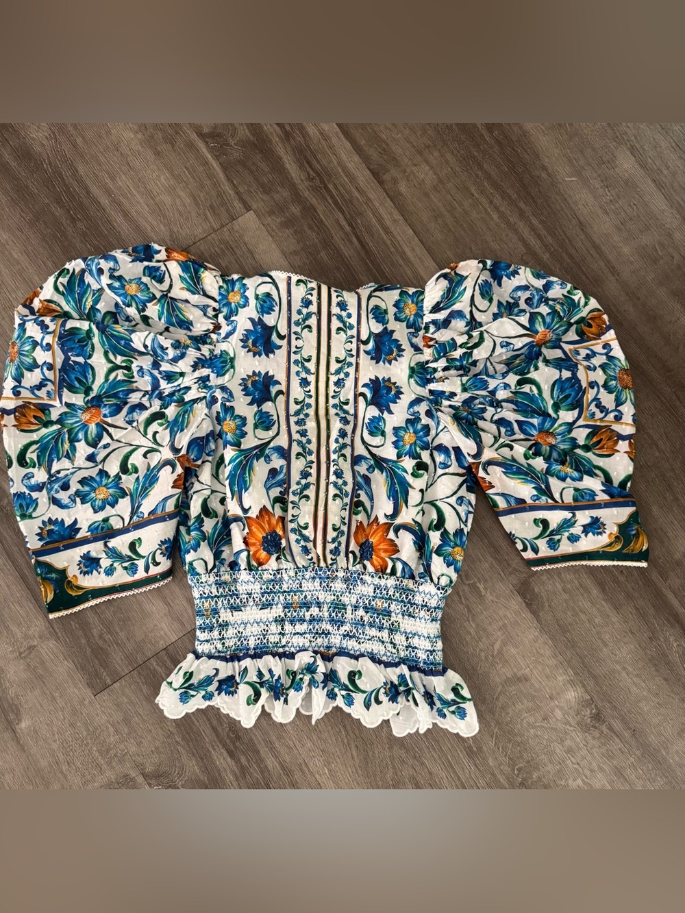 Farm Rio Off-White Flora Tile Smocked Blouse - Picture 8 of 8